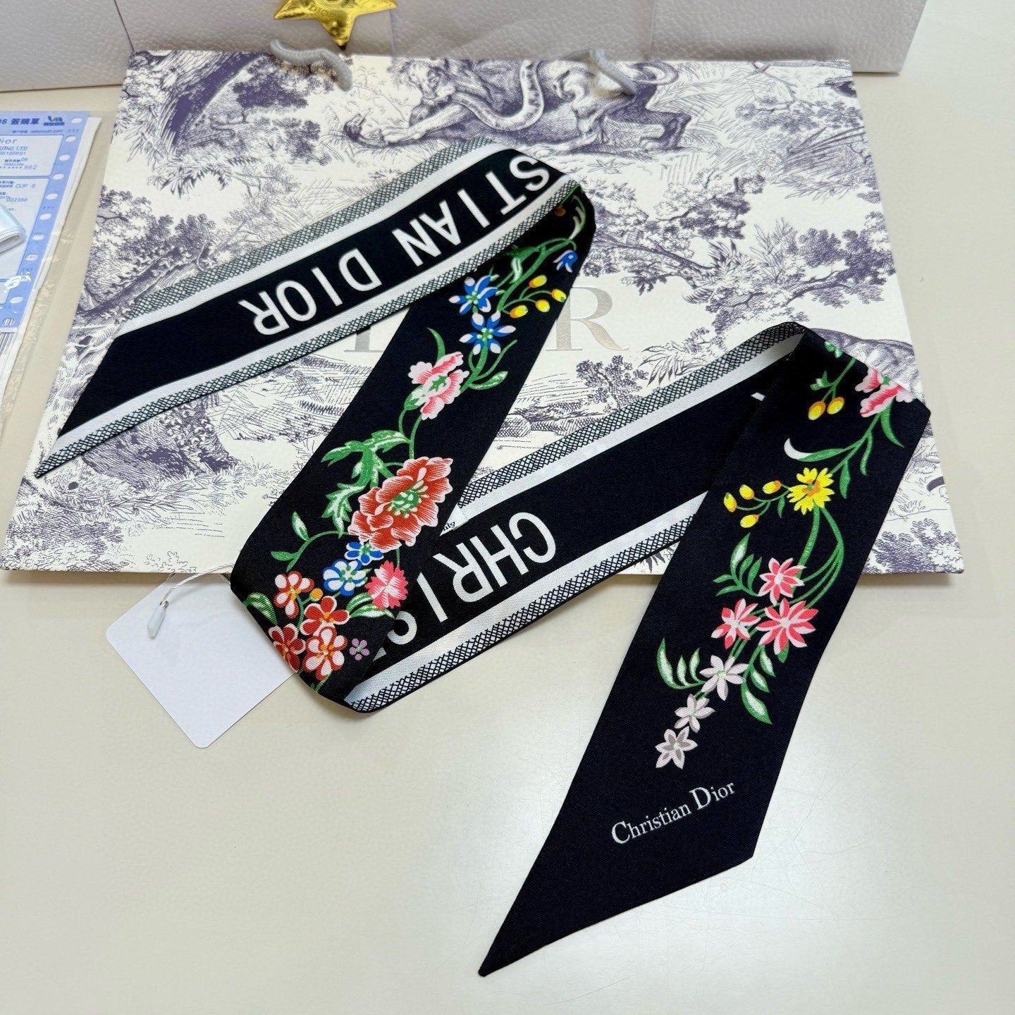 CD Twilly Mini Scarf 100cm Black Colorful Mulberry Silk 958859