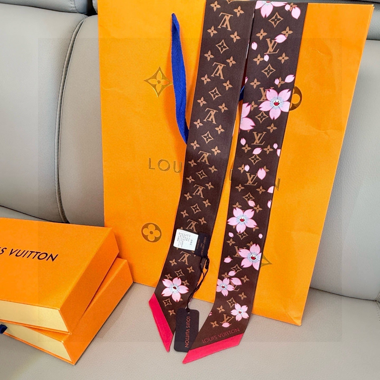 LV Twilly Scarf 120cm Brown Colorful Silk 965655