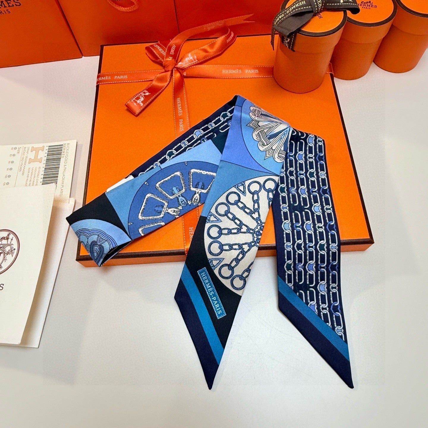 HM Twilly Mini Scarf 86CM Blue Black Mulberry Silk 967454