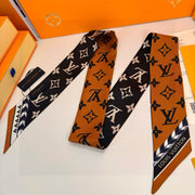 LV  Twilly Mini Scarf 120 Black Brown Silk Twill 967458