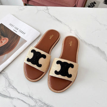 Celine 25C Slippers Beige mix Black Fabric with Calfskin 238156