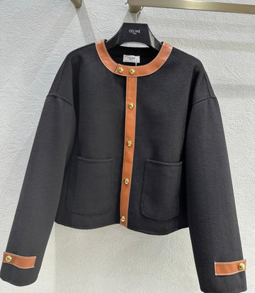 Celine 25 Round Neck Arc de Triomphe Jacket Black Brown Cashmere