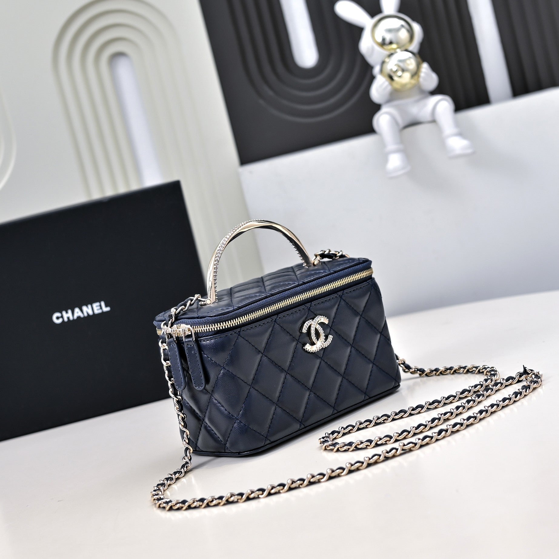 CC 24K Vanity Top Handle 17cm Blue Lambskin Silver Hardware