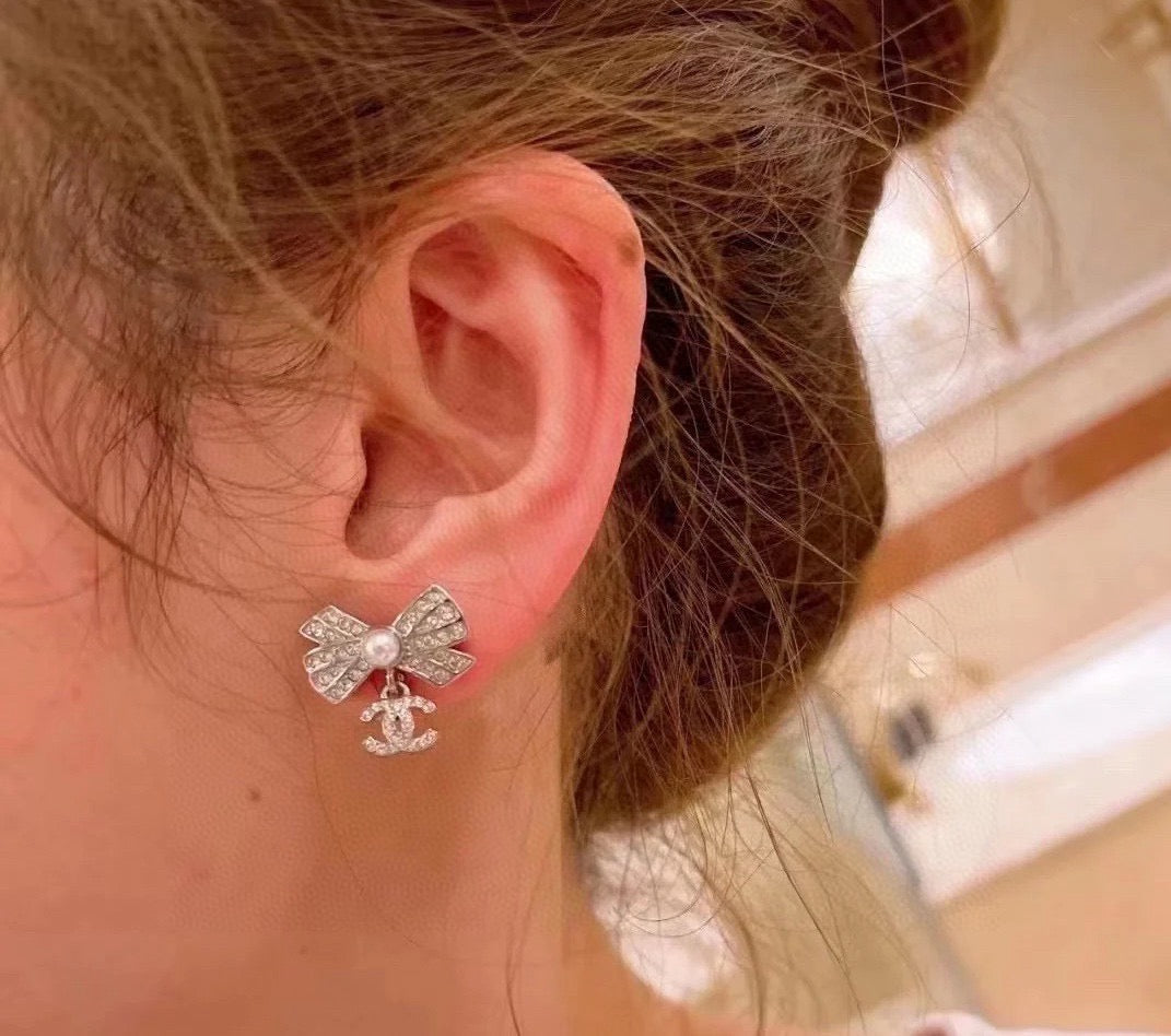 CC Double C Bow Sliver Diamond Pearl Earrings