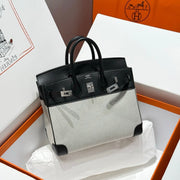 HM Birkin 25cm Black Swift Grey Canvas Silver Hardware