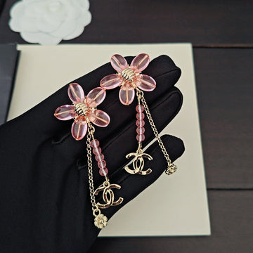 CC Double C Pink Olive Bead Flower Tassel Gold Earrings