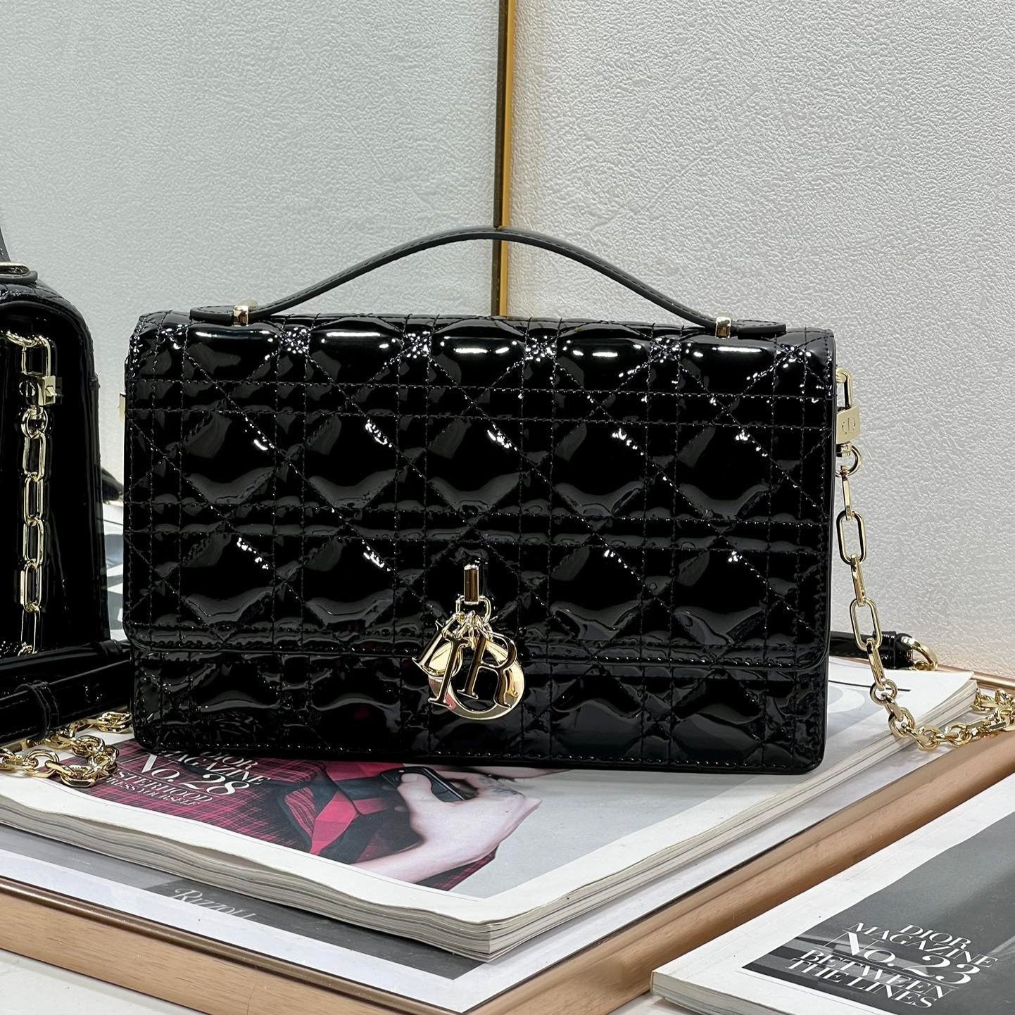 MY CD 24 TOP HANDLE BAG BLACK PATENT LAMBSKIN