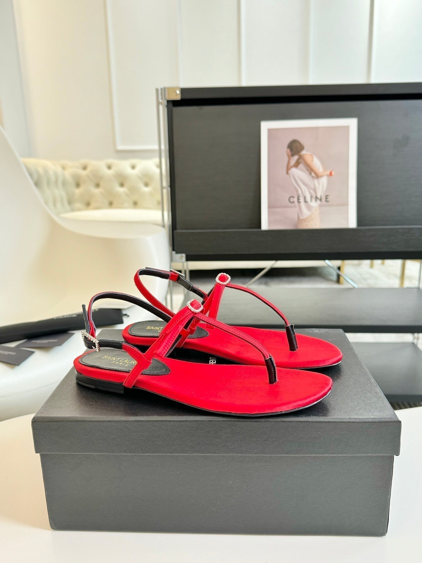 SL CRYSTAL T-STRAP FLAT SANDAL RED SATIN