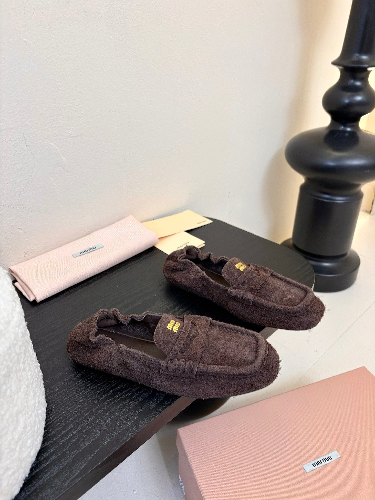 Miu 25C Ruches nappa Loafers Brown Suede 235808