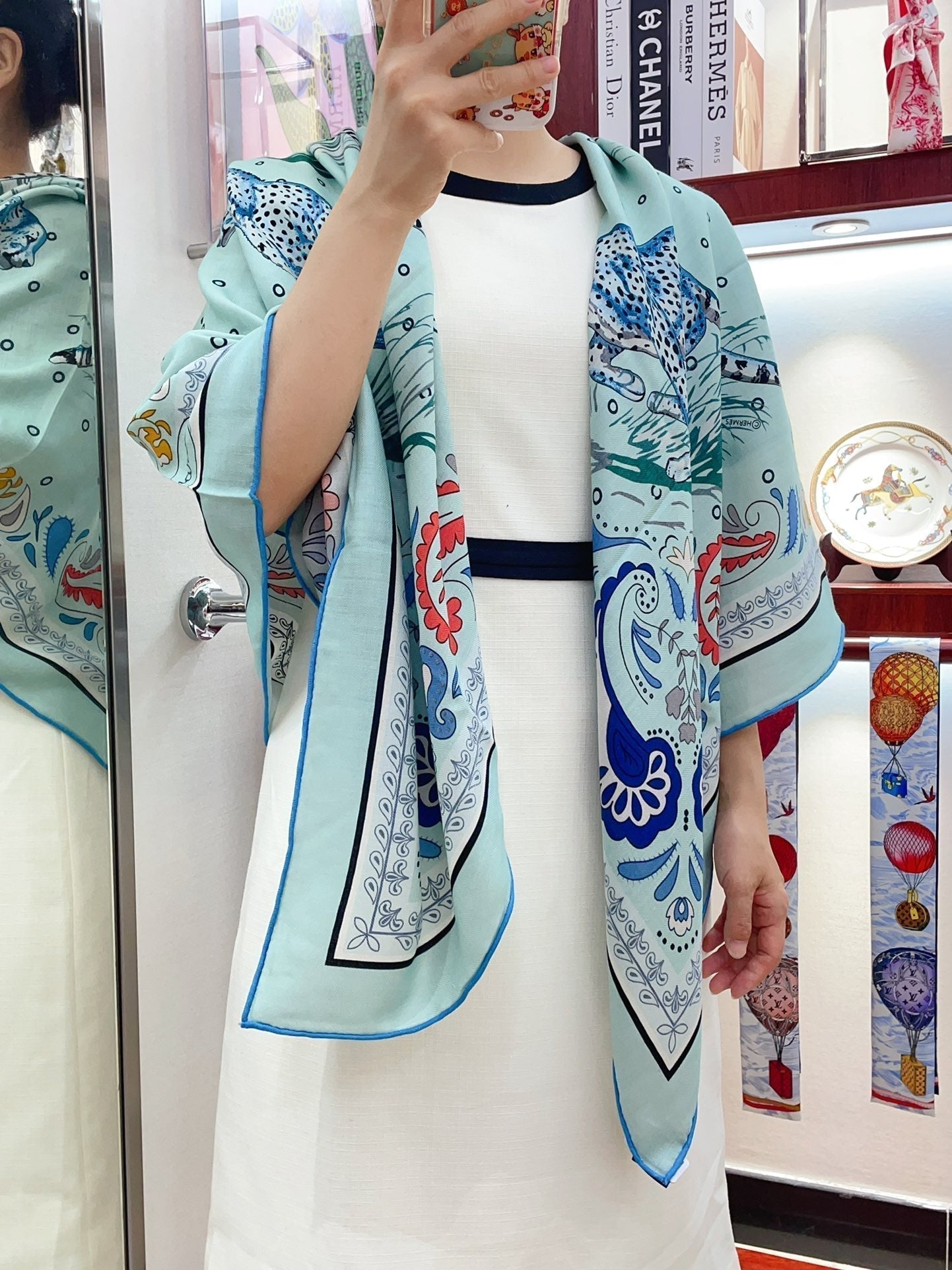 Guepards Bandana Double Face Scarf 140 CM In Light Turquoise Colorful Cashmere And Silk 334191