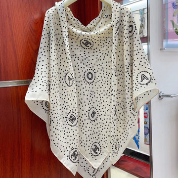 CC Square Scarf 140 CM In White Black Polka Dot Cashmere Silk 337146