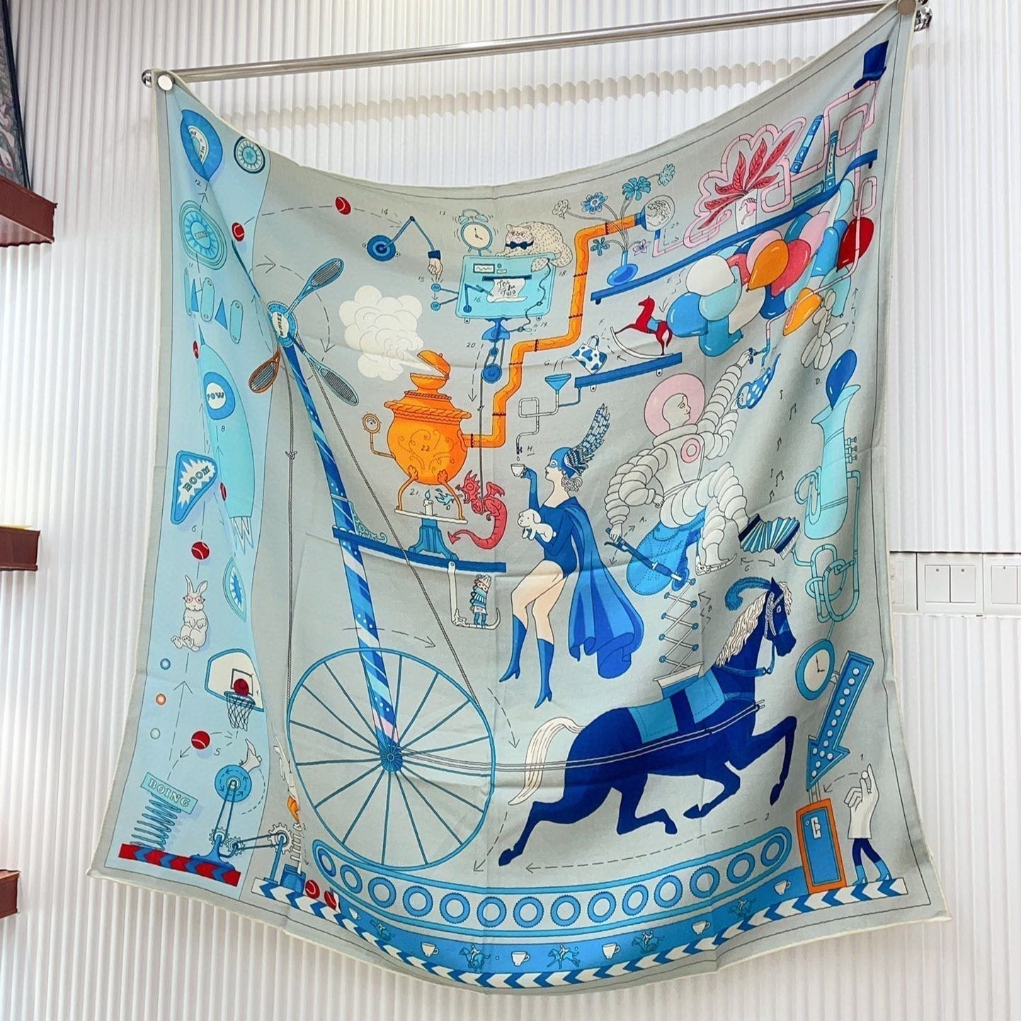 Tea For Two Scarf 140 CM Light Blue Colorful Cashmere And Silk 403890