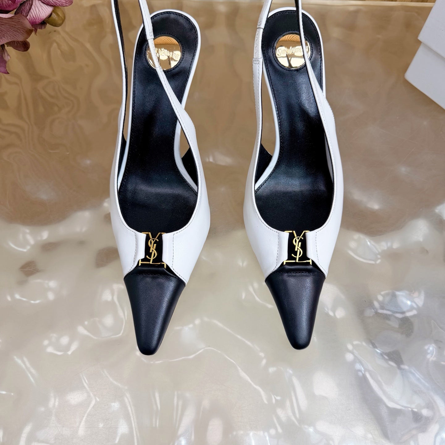 YSL 2026 Babylone Breteuil 75mm Slingback White Black Cowhide 637056