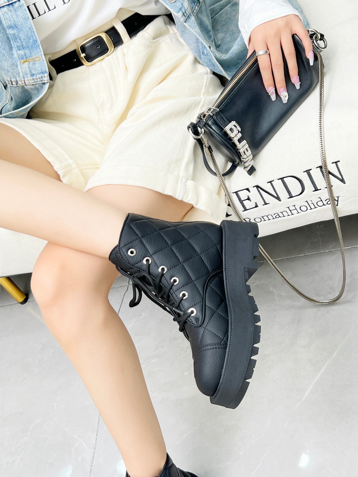 CC Combat Boots In Black Quilted Lambskin 944578