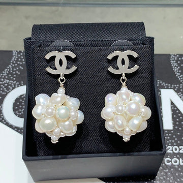 Chanel 2026 Silver Double C Pearl Flower Earrings