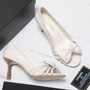 Chanel 2026 Bow Strappy High-Heeled Peep Toe Sandals White Cowhide 758431