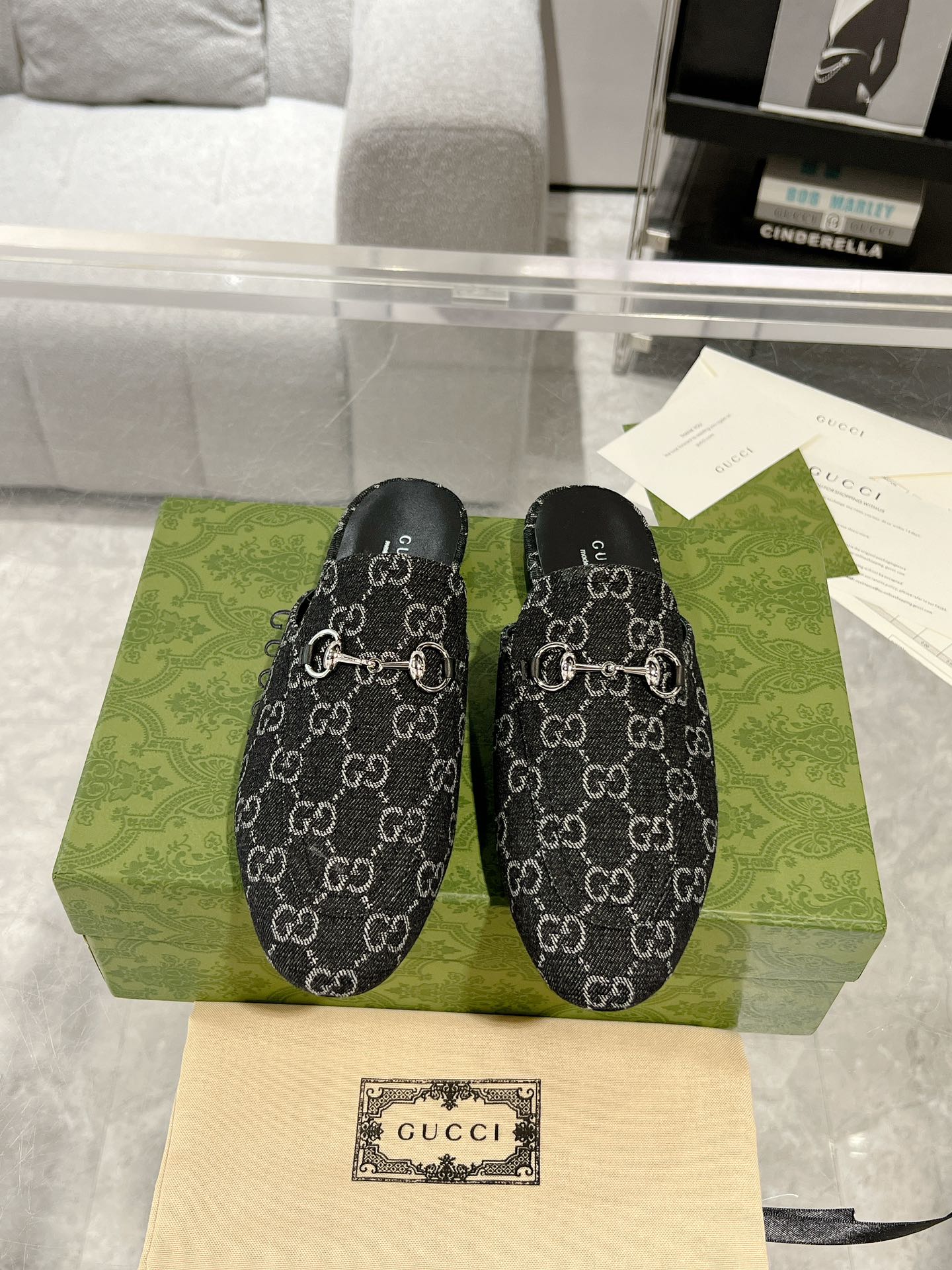 MEN'S MULE WITH HORSEBIT IN BLACK MONOGRAM JACQUARD FABRIC