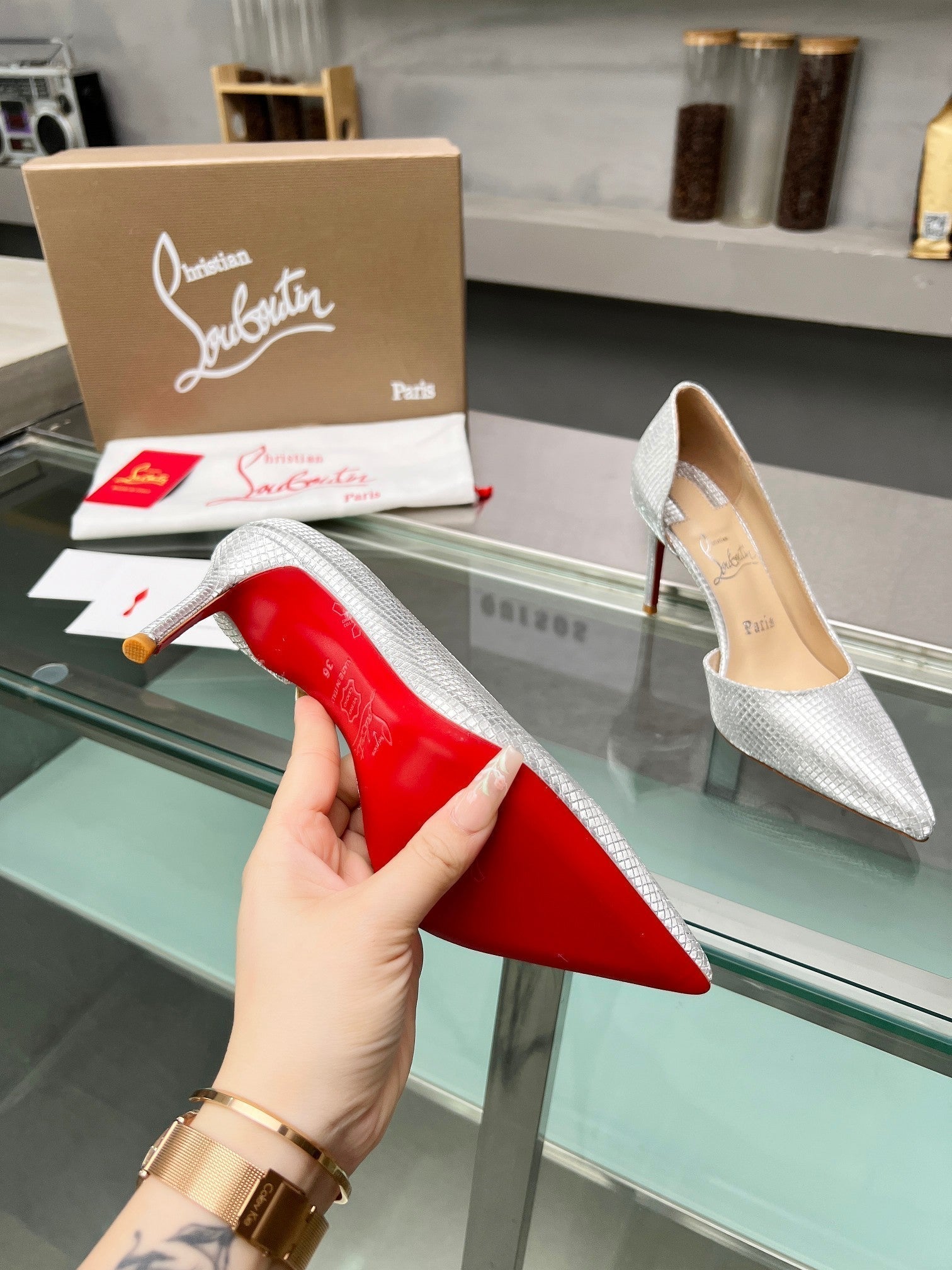 Cl Iriza 85mm Pumps Sequin Fabric Silver