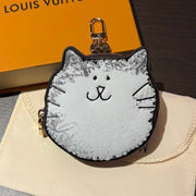 LV Monogram Kitty Coin Purse Charm White Brown Leather Canvas