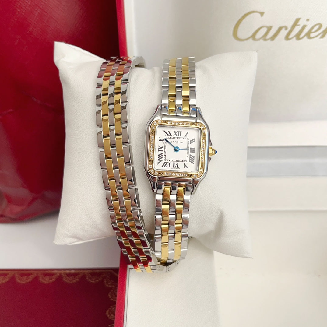 Panthere 22mm Gold Silver Diamond Bezel Double Chain 44cm