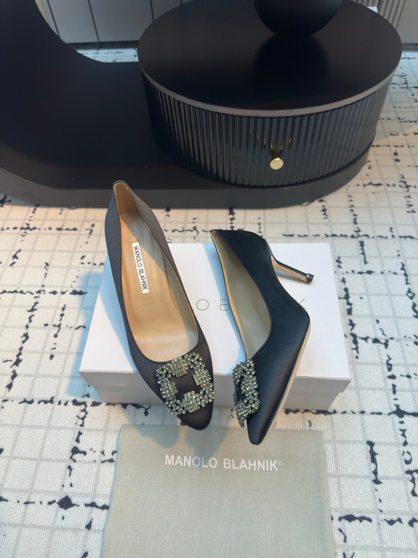 Manolo Blahnik Hangisi Embellished Pumps Black Satin  Leather