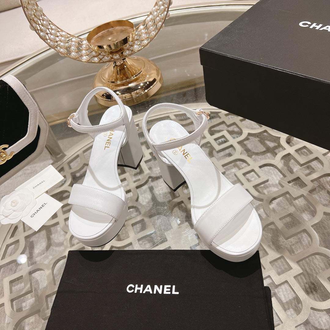 CC 25C 10CM Mid Heed Sandals White Italian Leather 213319