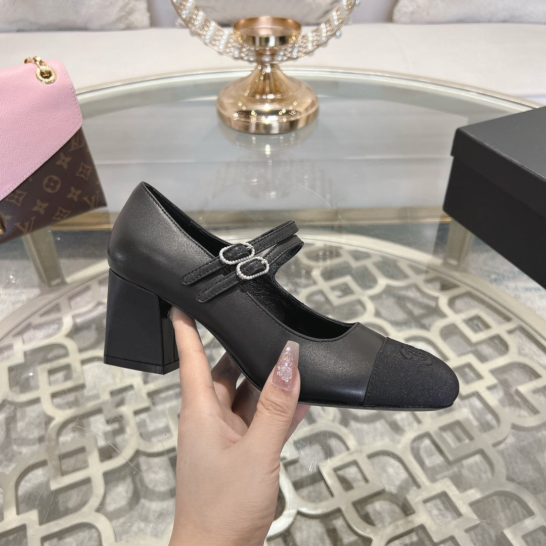 mary janes 60 double buckle black calfskin grosgrain