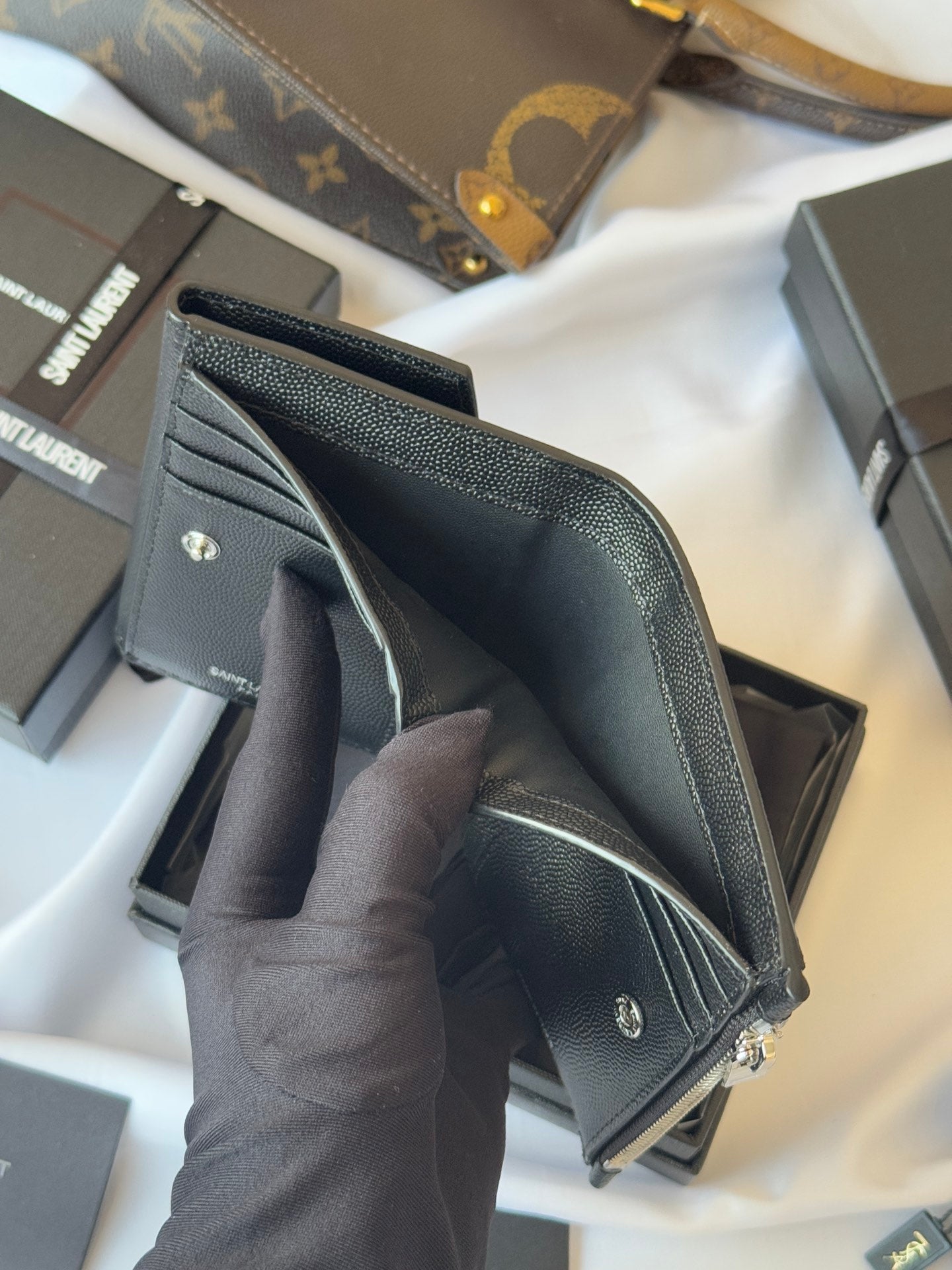 YSL Tri-fold Wallet Black Silver Cowhide 242758