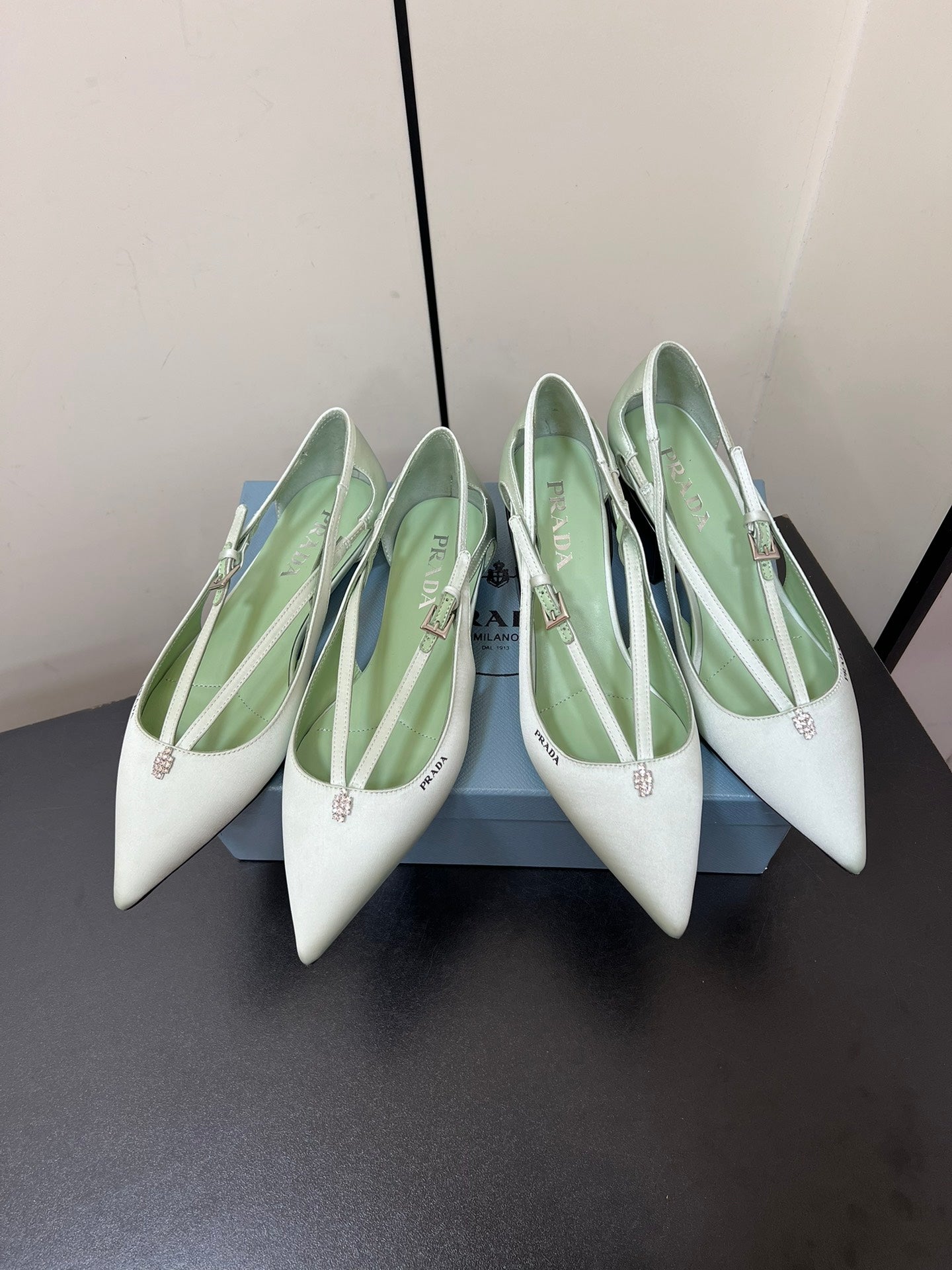CUT-OUT BALLERINA FLAT IN CHETWODE GREEN SATIN ATTACHED BEAD BUCKLE