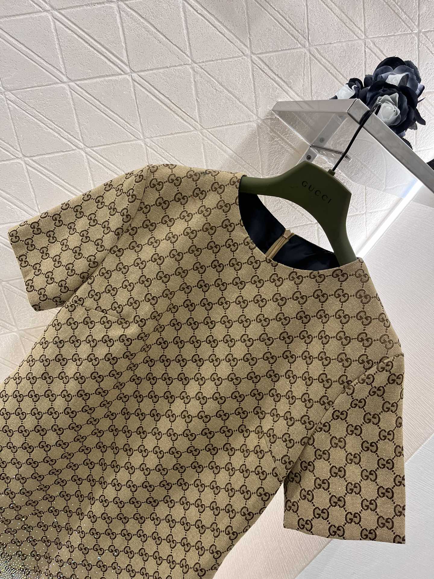 GG Beige Monogram Crystal Embellished Mini Dress