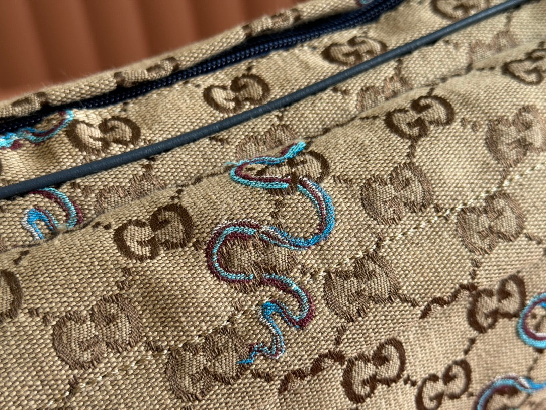 Gucci Snake Print Bag Beige mix Blue Canvas 248145