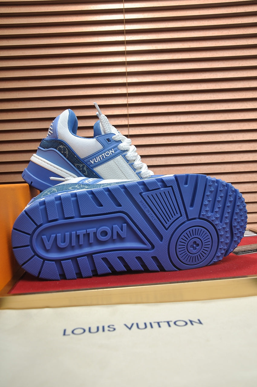 LV TRAINER SNEAKER BLUE MONOGRAM DENIM AND WHITE CALFSKIN
