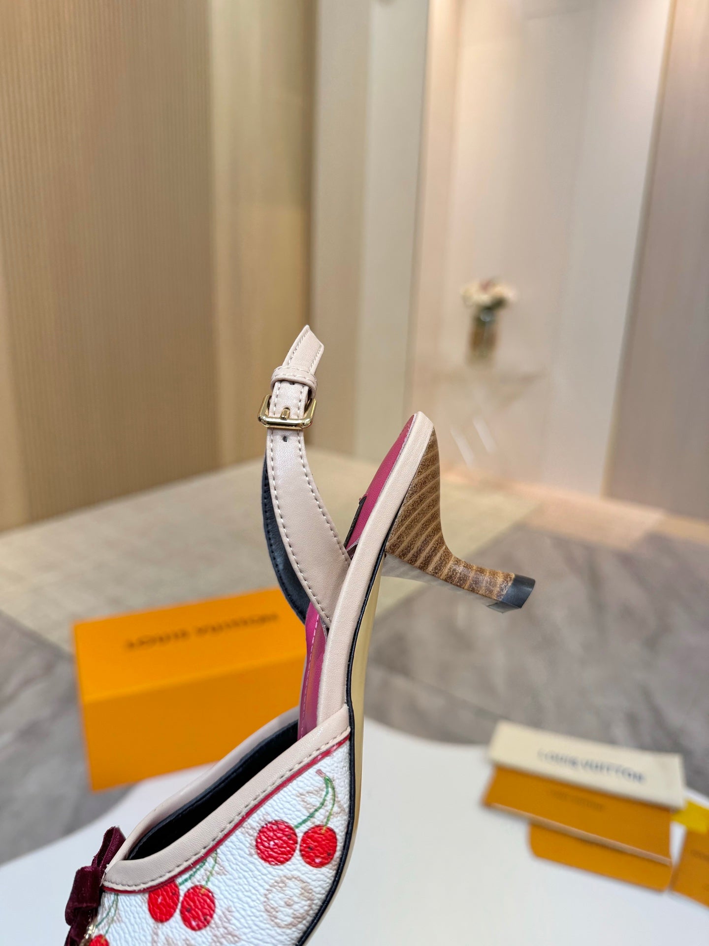 LV 26ss Slingback 60 White Pink Cherry Monogram Cowhide 664894