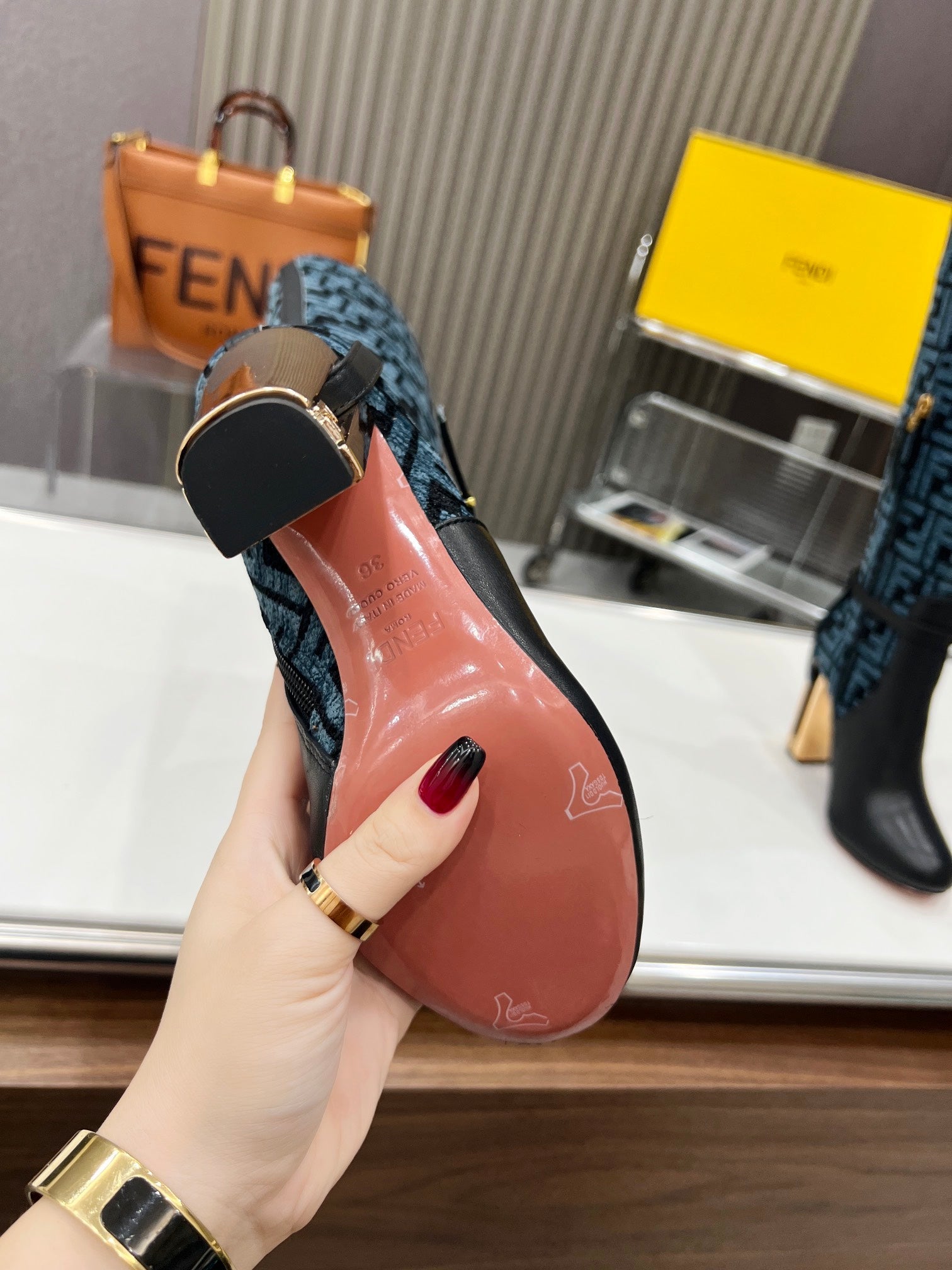 FENDI knee boots high heel monogram blue black cowhide 521217