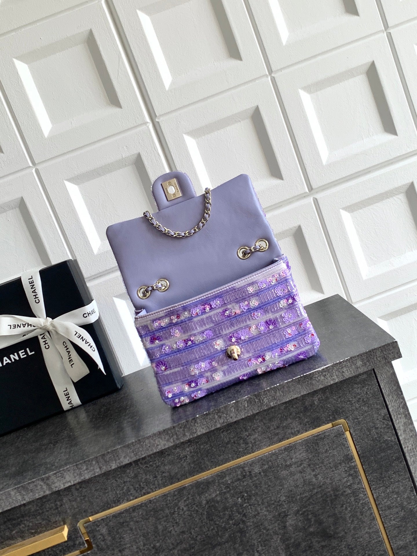 Chanel 2026 Flap Bag 20cm Purple Sequin Leather