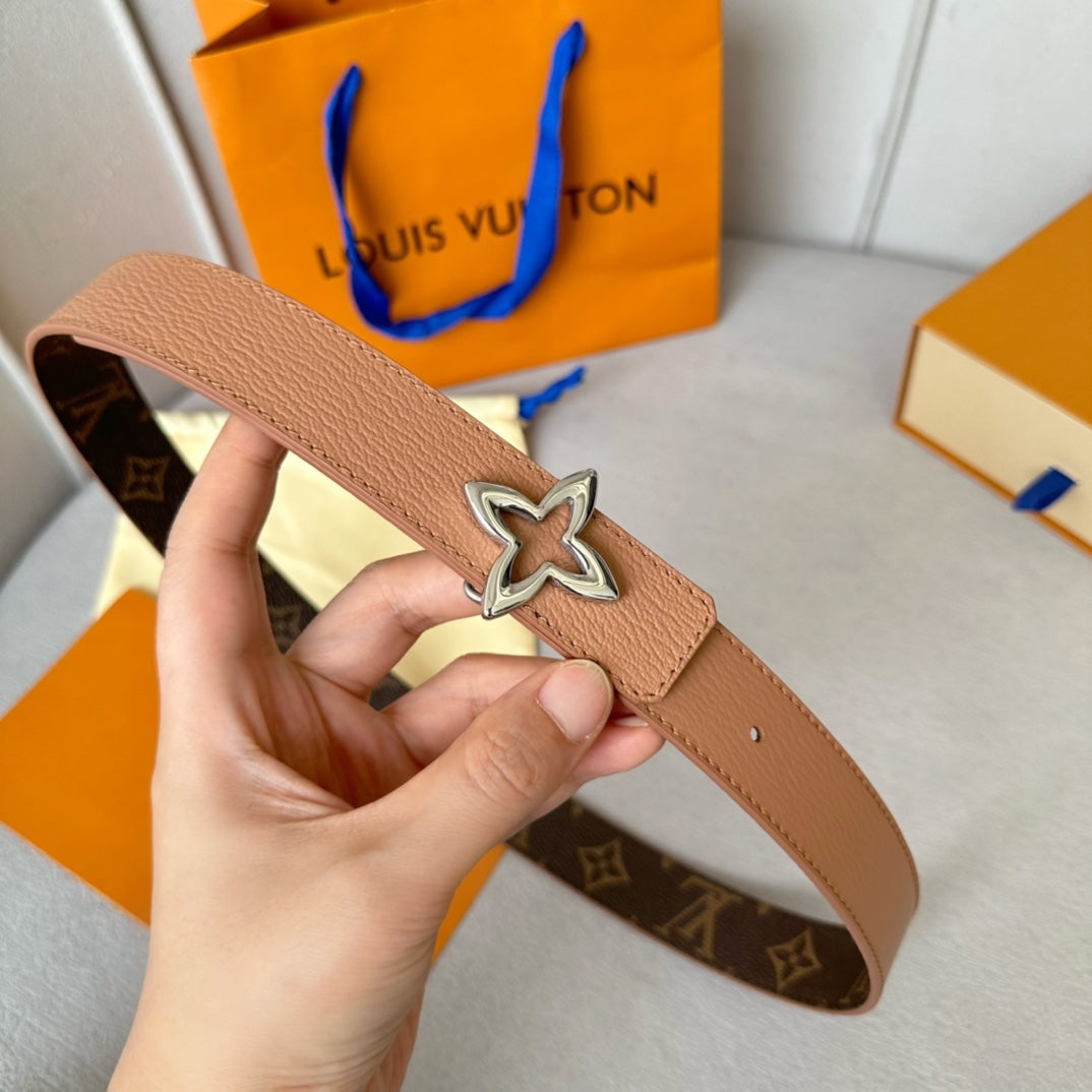LV Flowergram 30mm Reversible Belt Silver Buckle Beige Brown Leather