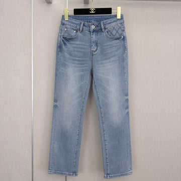 Chanel 2026 Straight-leg Jeans With Rhinestone Quilted Pockets Blue Cotton 377049