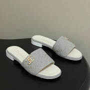CC 26s Flat Sandals White Gray Canvas Sheepskin Double C 649507