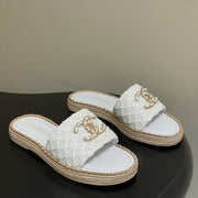 CC 26s Flat Slippers White Gold Fabric Sheepskin 649486