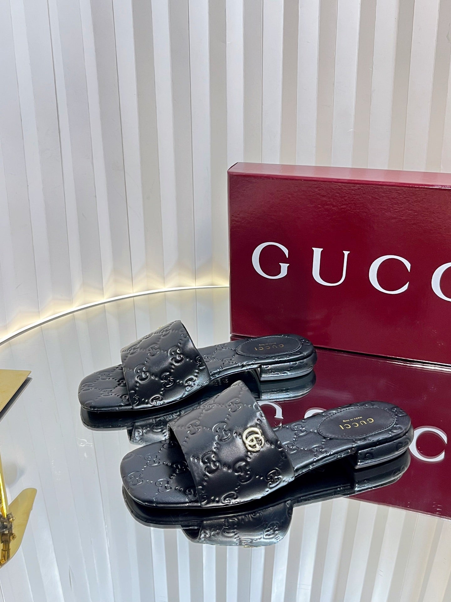 GC Double G Slide Sandals Black Embossed Leather 294636