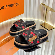 LV 26s Slippers Black Red Fabric Sheepskin 616350