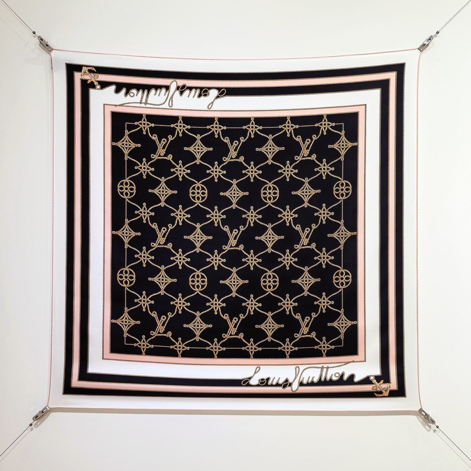 LV Double Sided Scarf 90 Black White Beige Monogram Twill Silk 164406