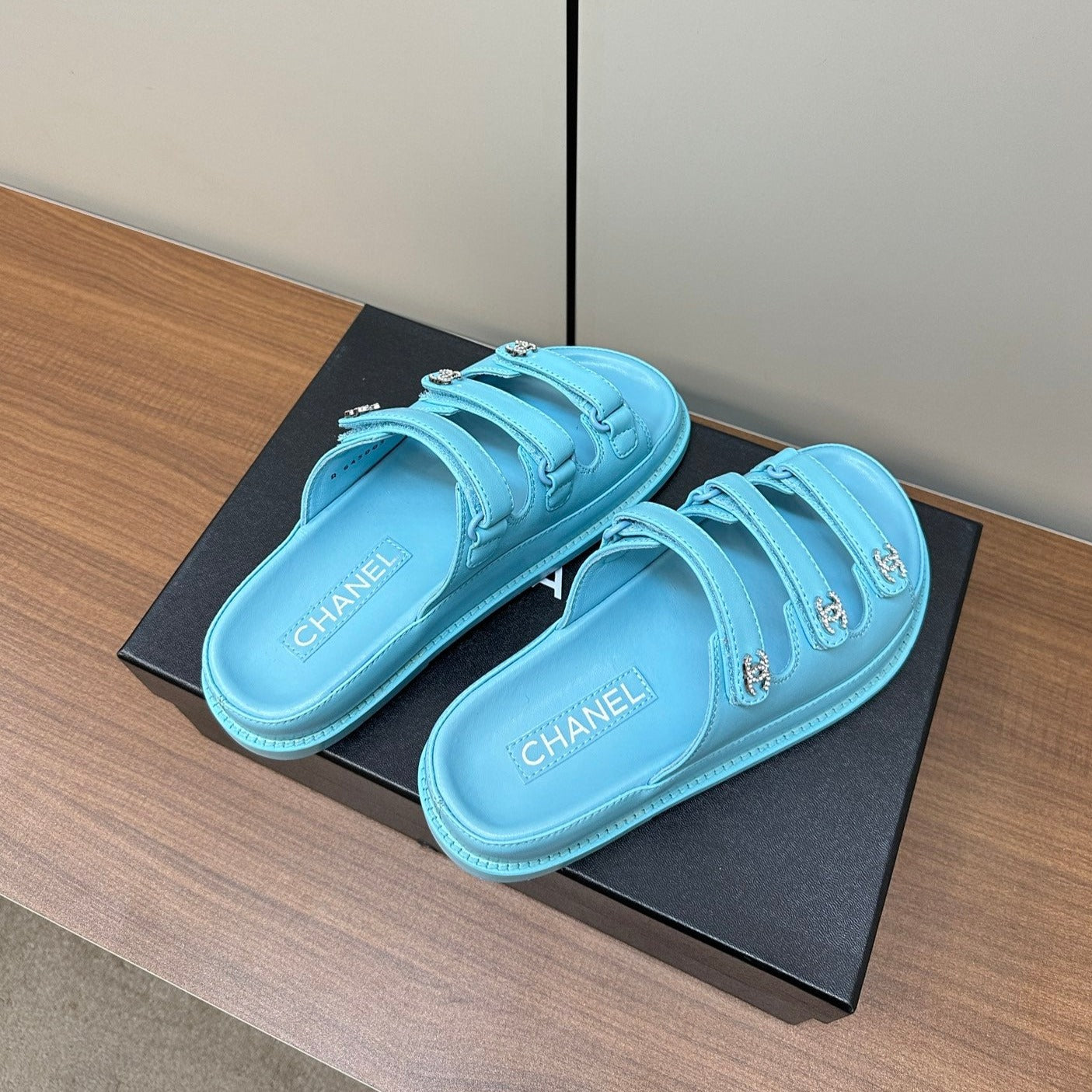 dad sandals cloud blue triple strap lambskin mules