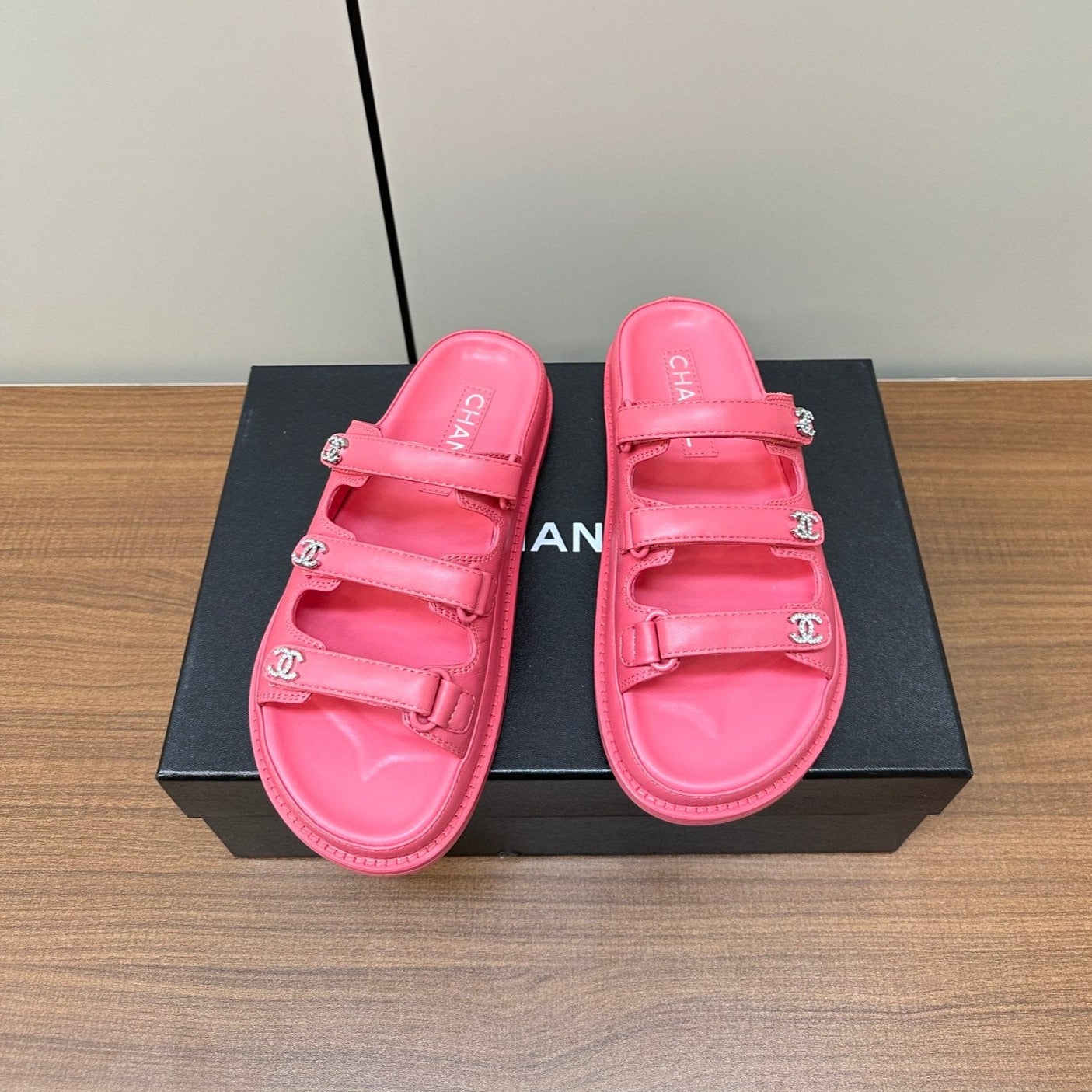 dad sandals dark pink triple strap lambskin mules