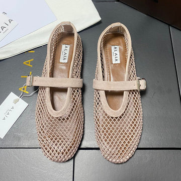 Alaia 2026 Laminated Fishnet Ballet Flats Beige Suede Mesh 361163