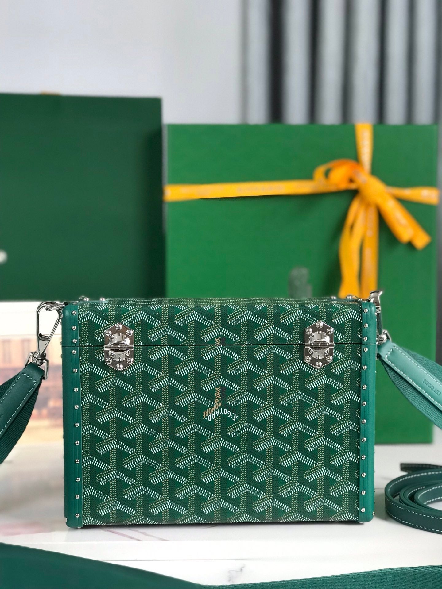 CASSETTE TRUNK BAG 21 IN GREEN GOYARDINE CANVAS & CLAMECY COWHIDE
