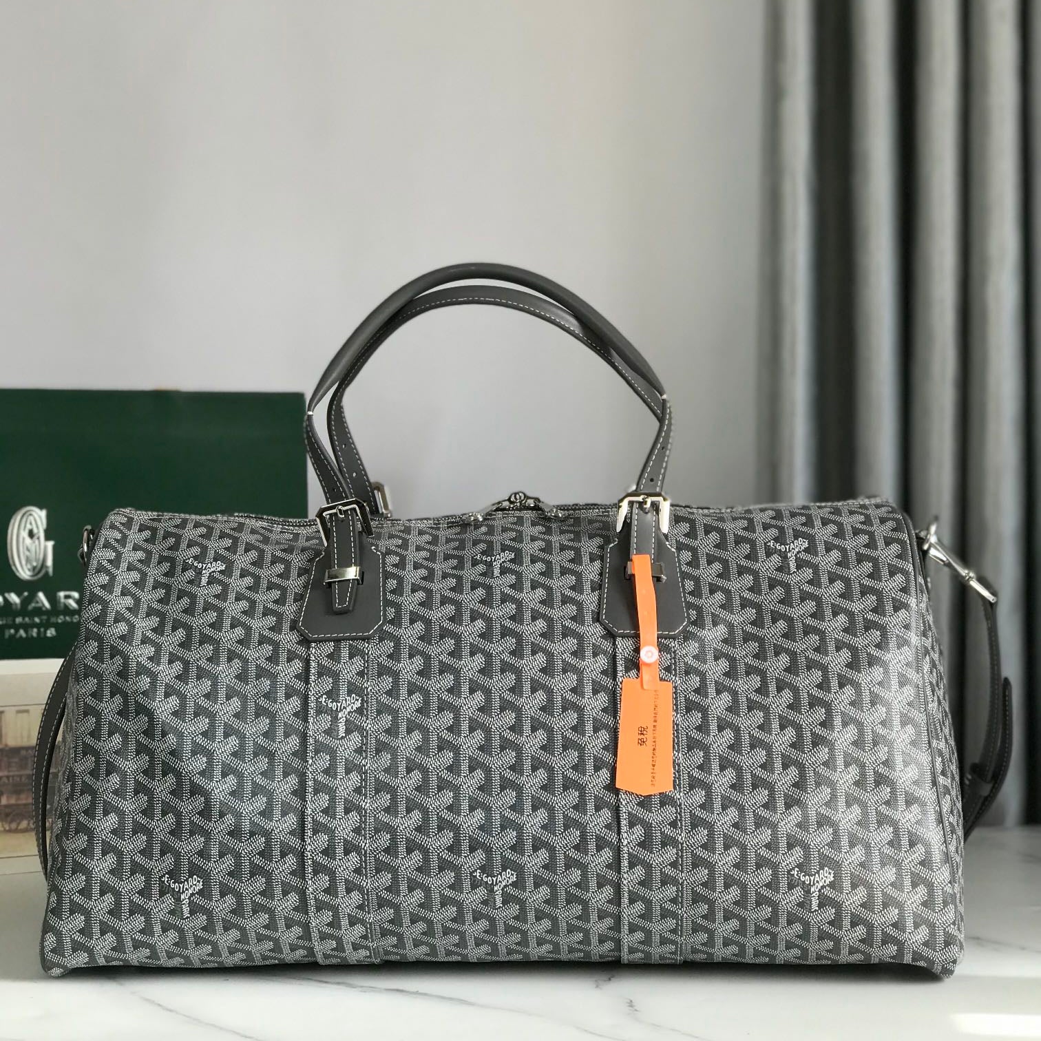 BOSTON 50 BAG IN GRAY GOYARDINE CANVAS AND CALFSKIN TRIM