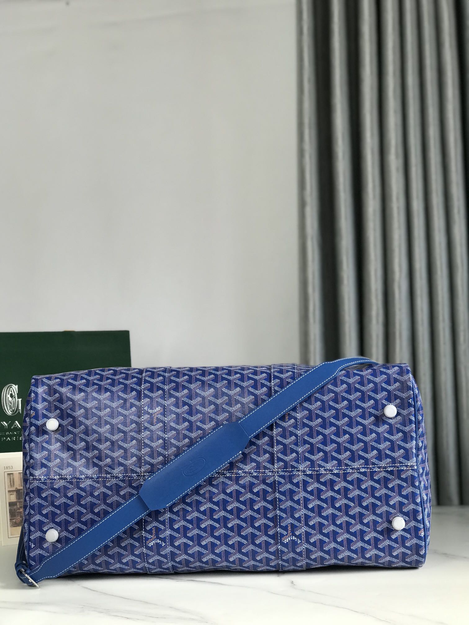 BOSTON 50 BAG IN SAPPHIRE BLUE GOYARDINE CANVAS AND CALFSKIN TRIM