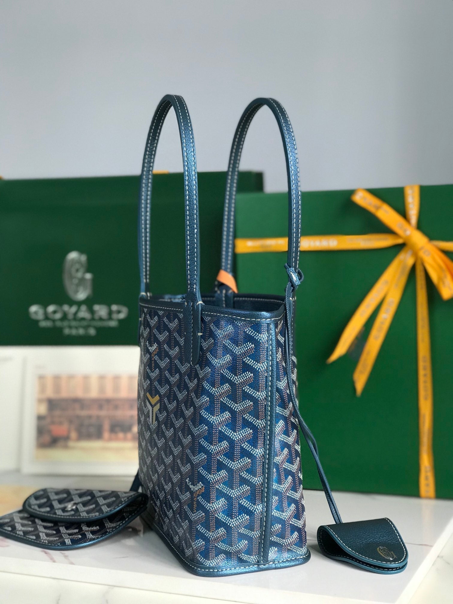 ANJOU MINI BAG 20 IN NAVY BLUE  CALFSKIN AND GOYARDINE CANVAS