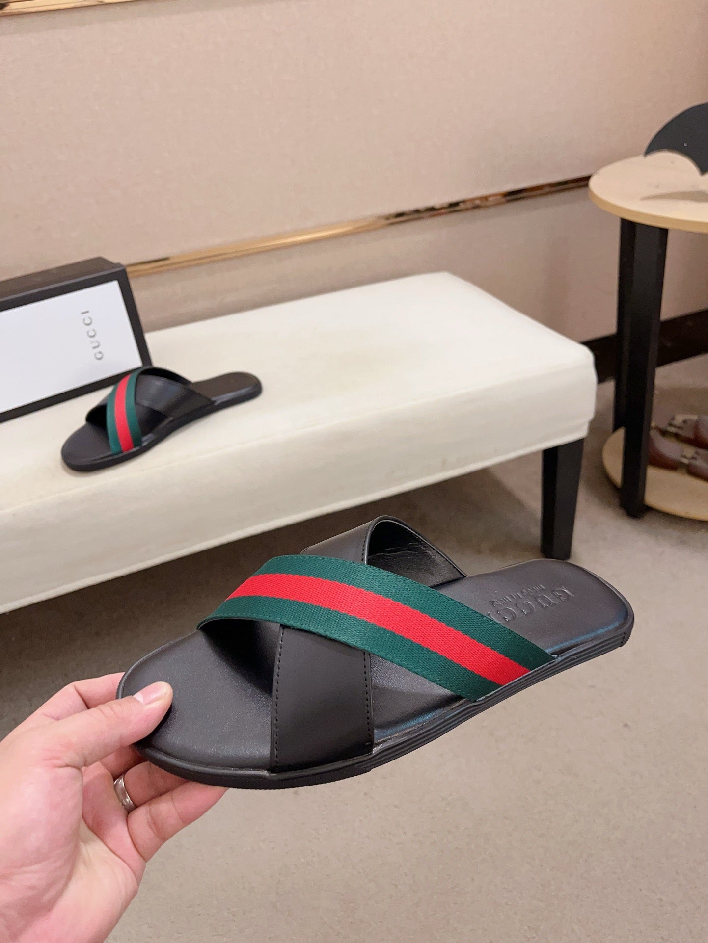 GG Men's Web Slide Black Green Cowhide 554606